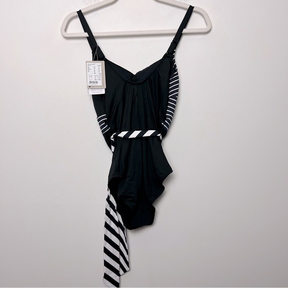 Amoena Infinity Pool Swimsuit Stripe Black White Chic Tie Belt Design - Picture 8 of 15